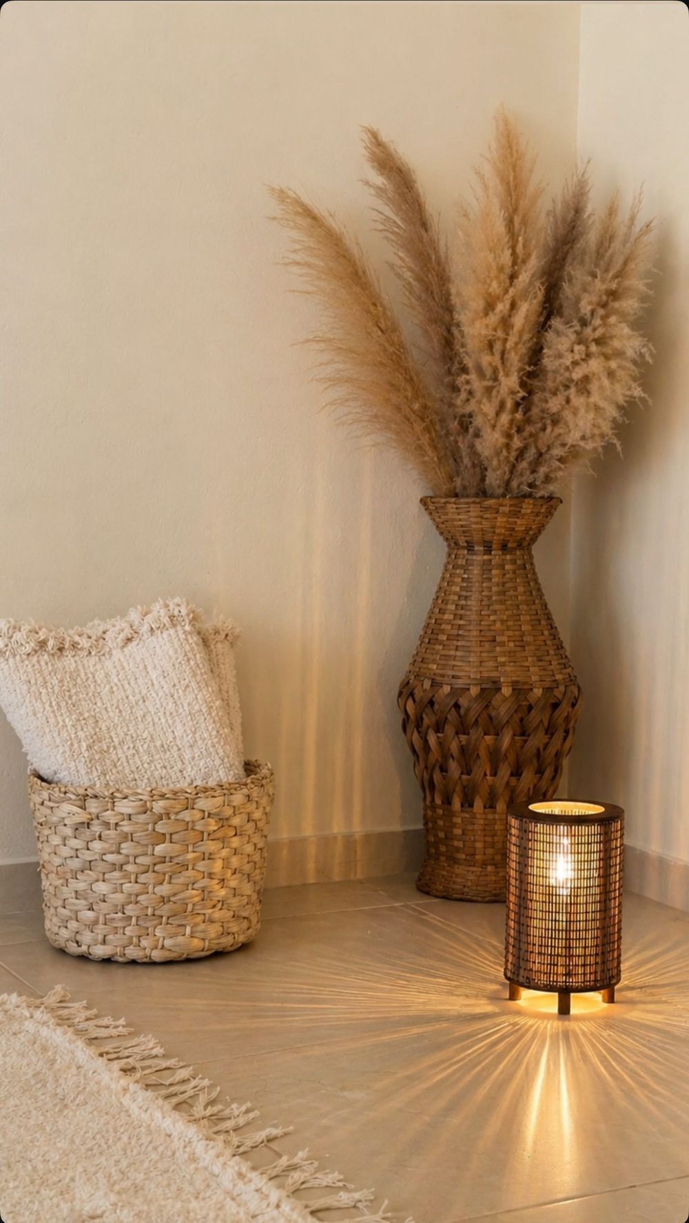 Capim dos pampas e luminária de fibra