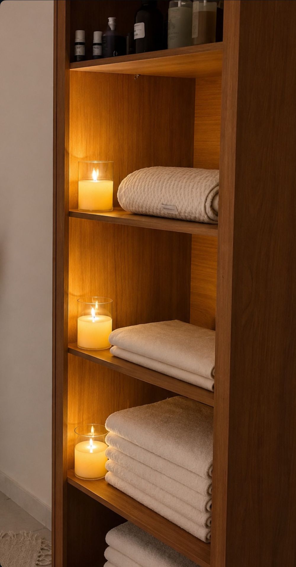 Estante com toalhas e velas